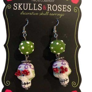 Sugar Skull and Rhinestone Earrings (Green)